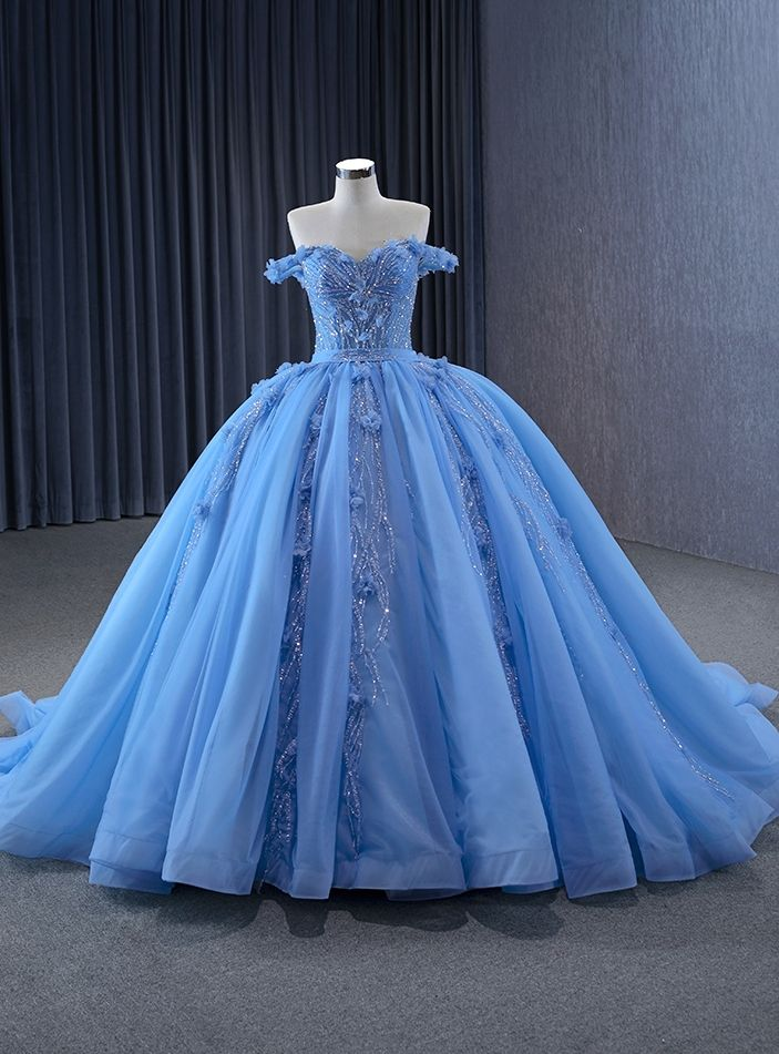Glitter Blue Ball Gown Tulle Off the Shoulder Sequins Appliques Prom Dress - VelvetHem