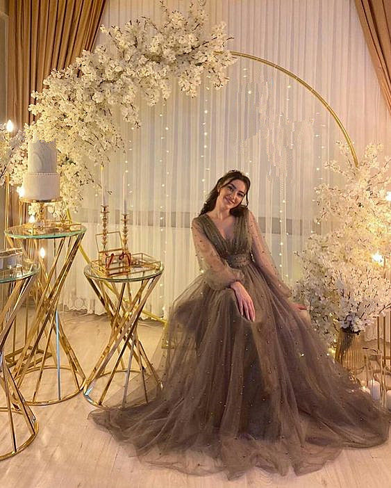 A-line V-neck Tulle Illusion Evening Dress Sheer Long Sleeves Evening Gown Y1204 - VelvetHem