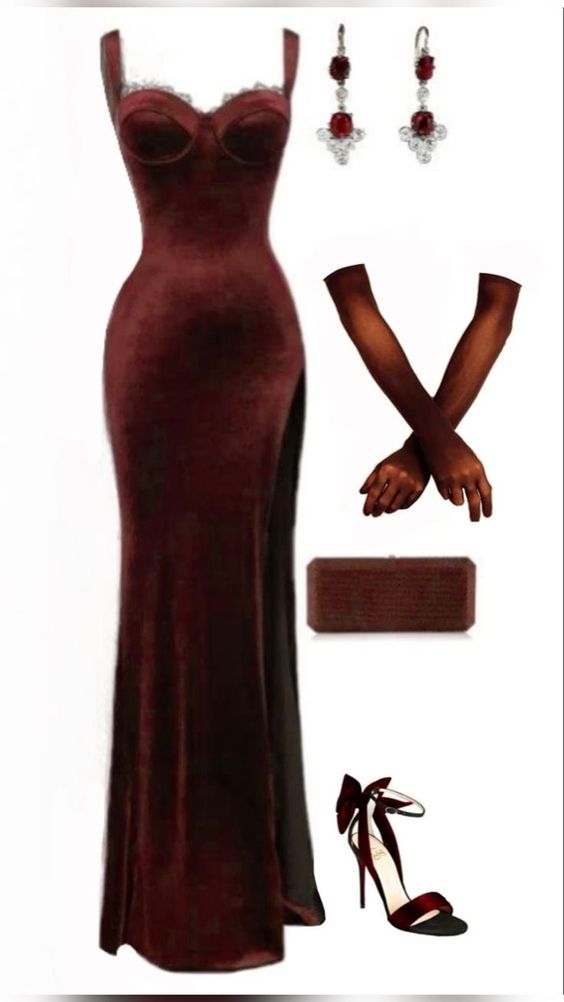Elegant Burgundy Lace Velvet Long Prom Dress Slit Mermaid Evening Dress With Gloves - VelvetHem