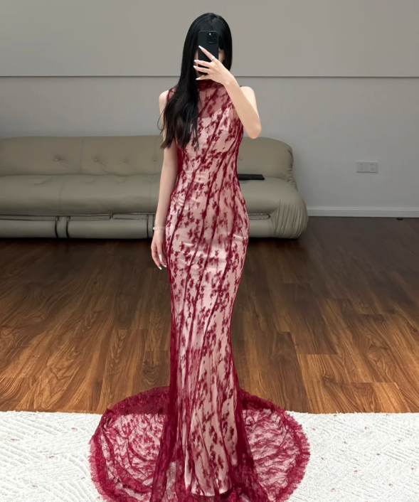 Burgundy Mermaid Prom Party Dress Sexy Evening Dress Birthday Outfit - VelvetHem