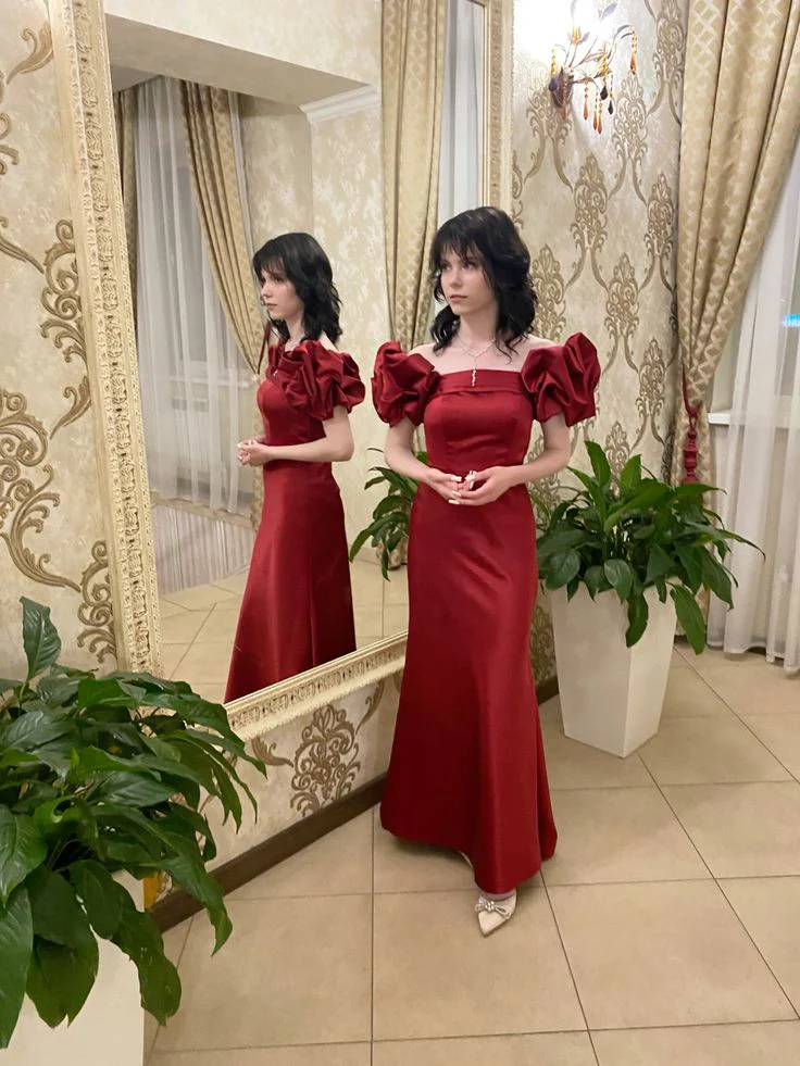 Red Satin Mermaid Prom Dress Puff Sleeves Party Evening Dress - VelvetHem