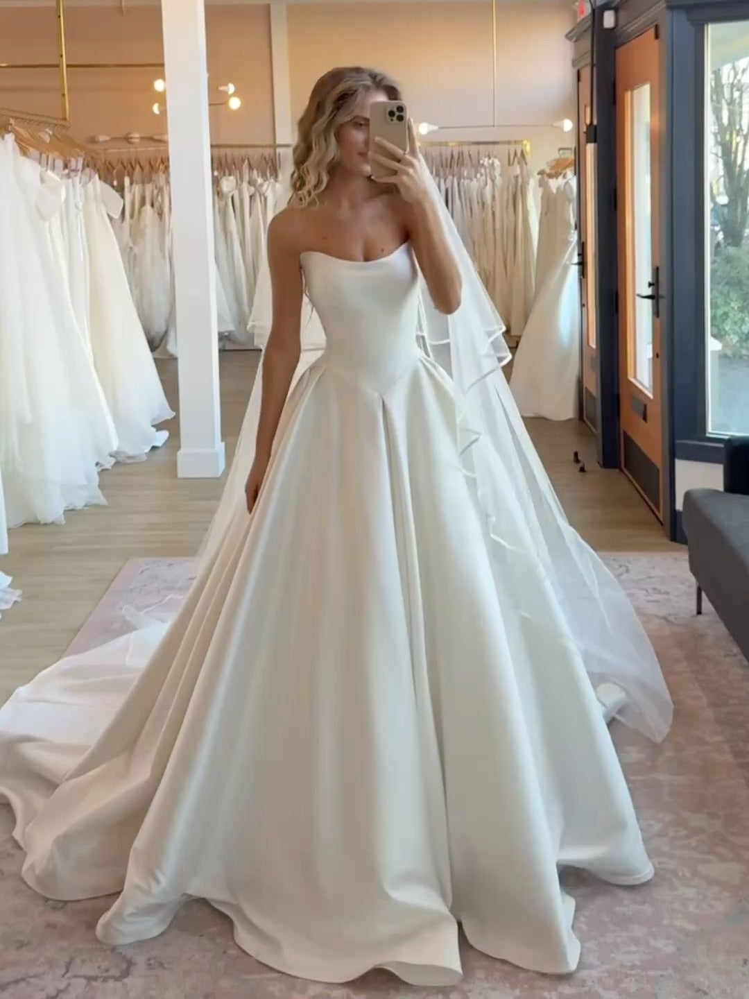 A-Line Long Train Elegant Satin Strapless Wedding Dress - VelvetHem