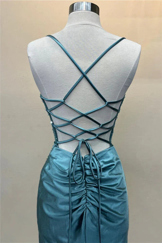 Trendy Mermaid Spaghetti Straps Green Corset Prom Dress with Split Front