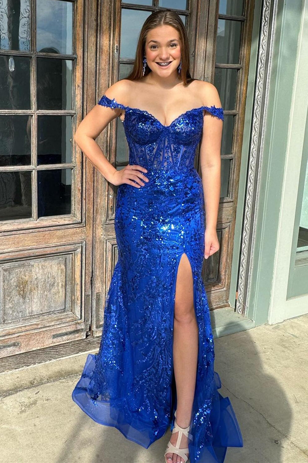 Sparkly Mermaid Off the Shoulder Silver Corset Prom Dress with Split Front