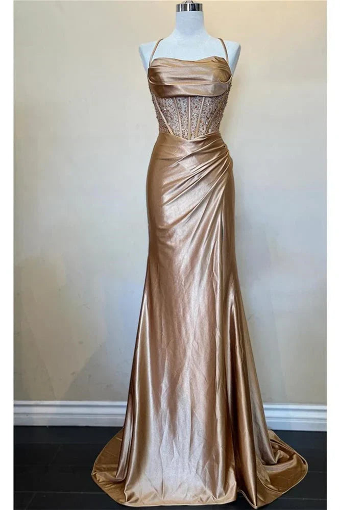 Trendy Mermaid Spaghetti Straps Green Corset Prom Dress with Split Front
