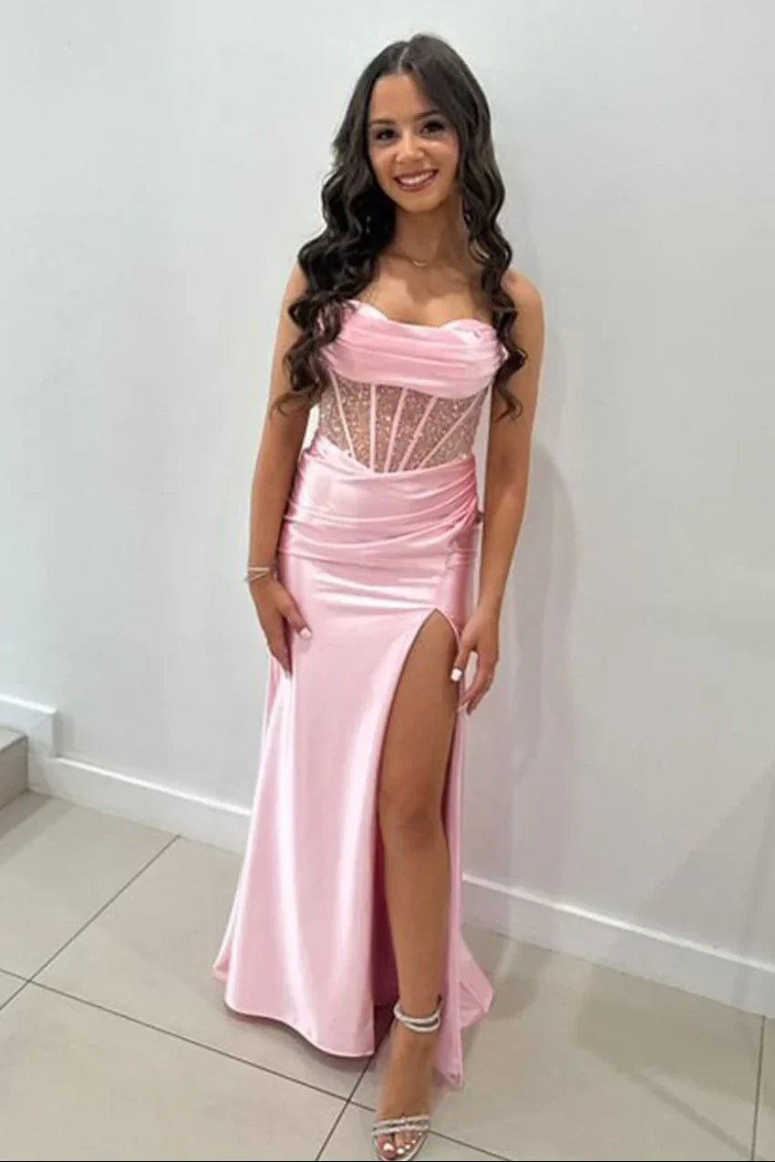 Trendy Mermaid Spaghetti Straps Green Corset Prom Dress with Split Front