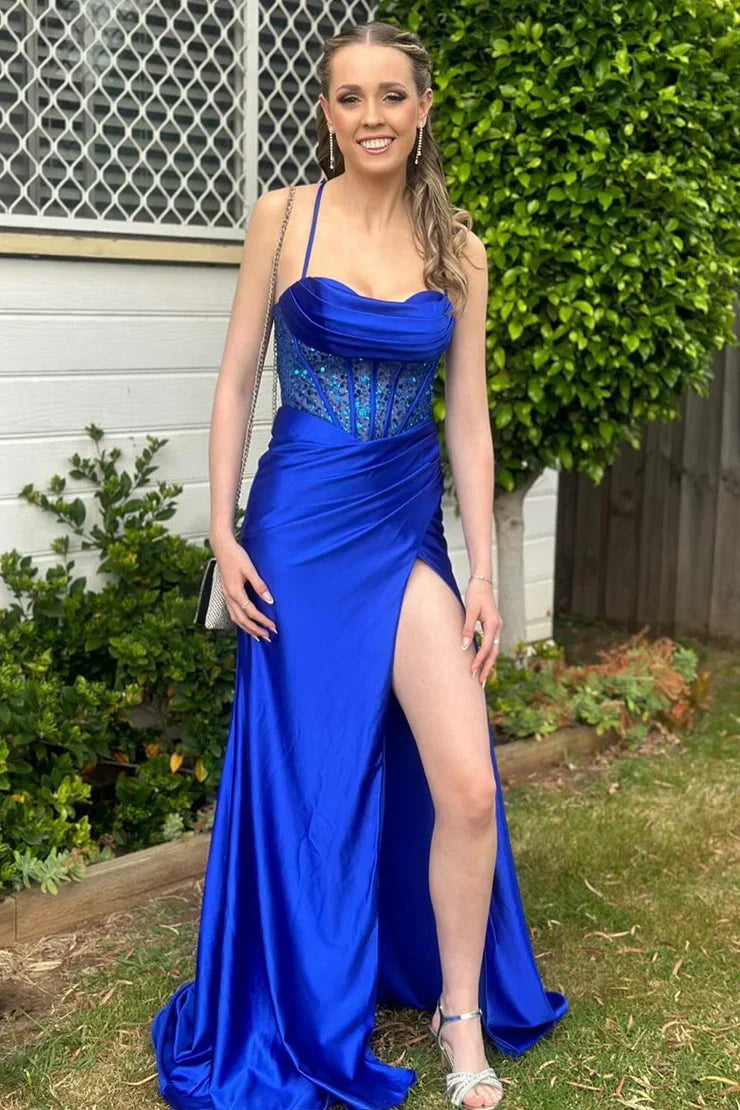 Trendy Mermaid Spaghetti Straps Green Corset Prom Dress with Split Front - View 8 | VelvetHem