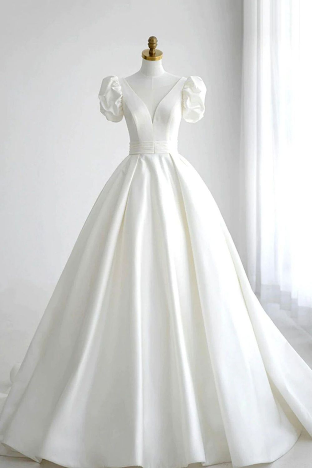 Elegant A Line V Neck White Wedding Dress with Short Sleeves - View 3 | VelvetHem