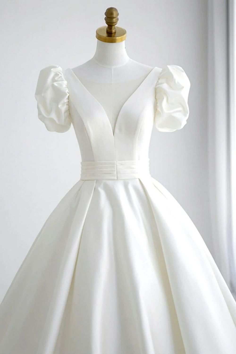 Elegant A Line V Neck White Wedding Dress with Short Sleeves - View 4 | VelvetHem