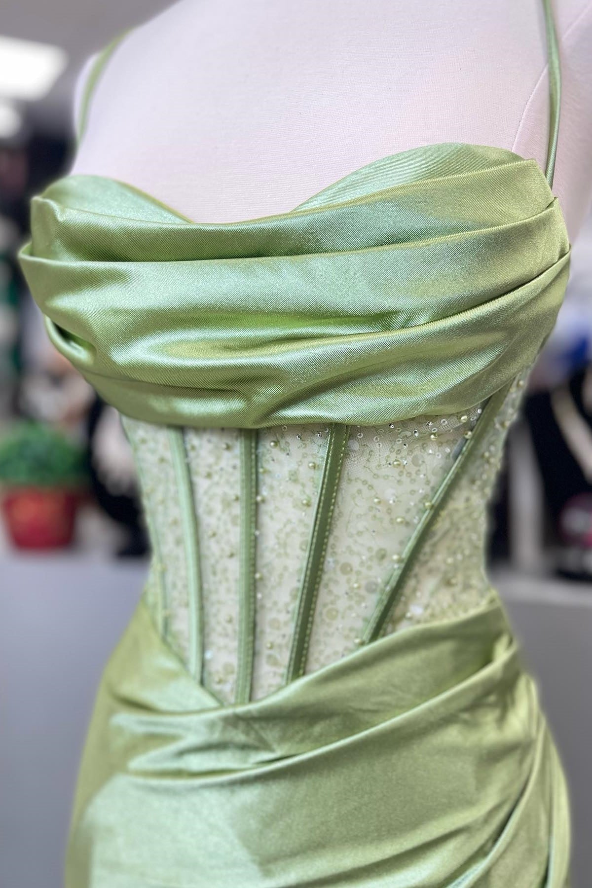 Trendy Mermaid Spaghetti Straps Green Corset Prom Dress with Split Front - View 13 | VelvetHem