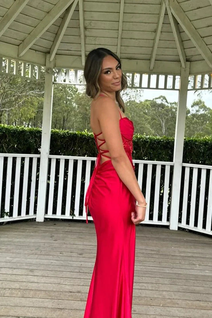 Trendy Mermaid Spaghetti Straps Green Corset Prom Dress with Split Front - View 2 | VelvetHem