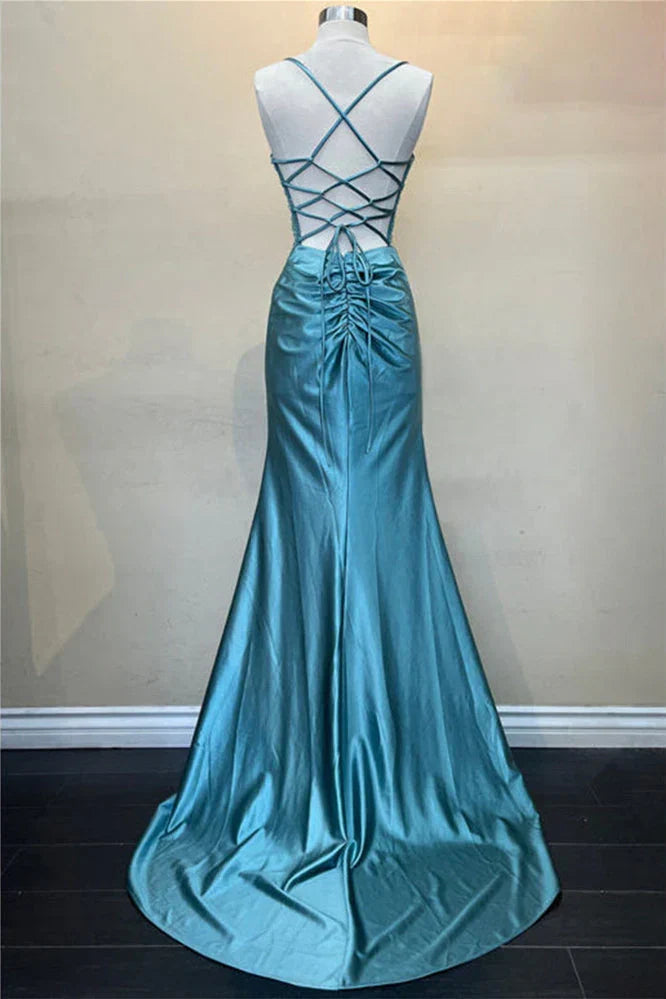Trendy Mermaid Spaghetti Straps Green Corset Prom Dress with Split Front