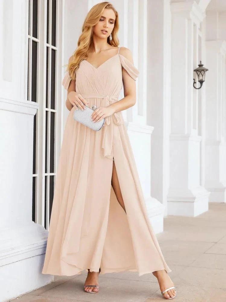 Numbersea Off The Shoulder Chiffon Bridesmaid Dress Long Formal Graduation Gown with Cowl Back 28069 by numbersea