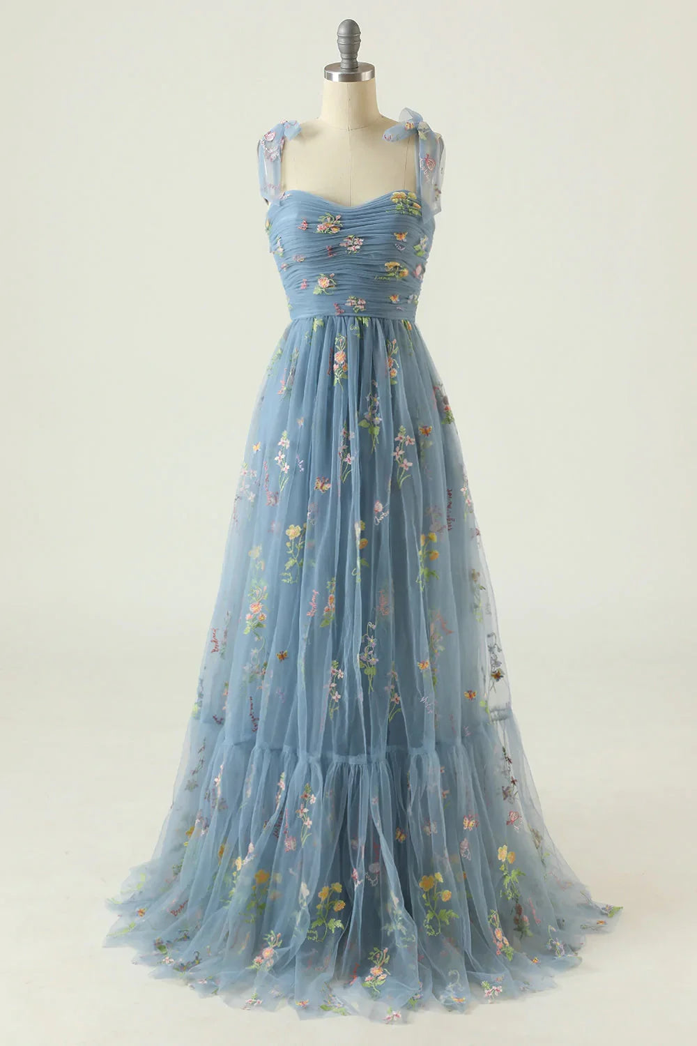 Elegant A Line Spaghetti Straps Champagne Long Prom Dress with Embroidery - View 7 | VelvetHem