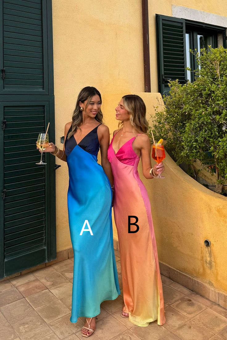 Unique Blue Satin V Neck Long Prom Dress Party Dress - VelvetHem