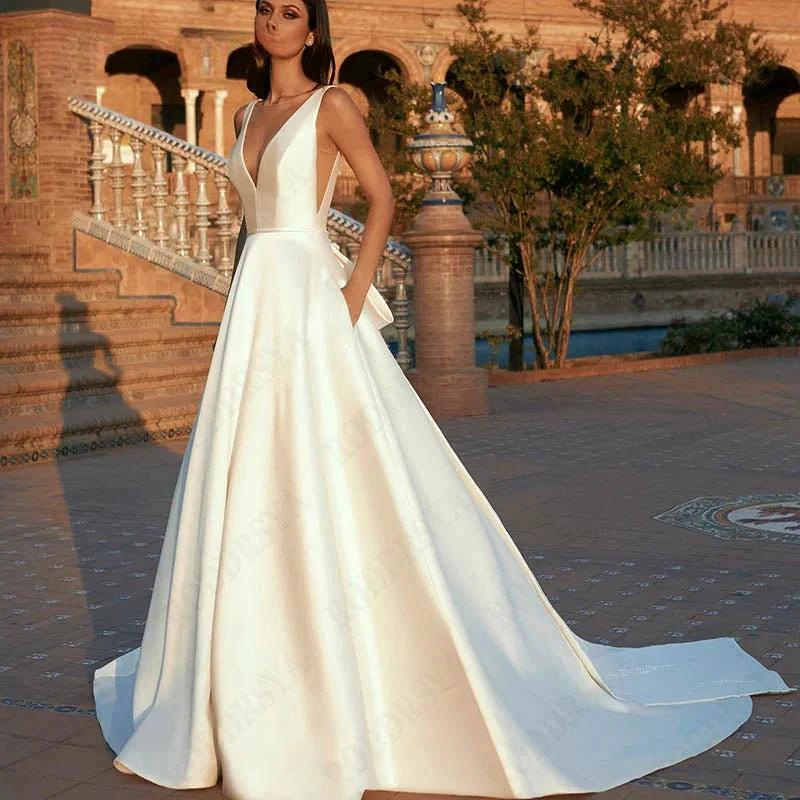 Spaghetti Straps V-Neck Vestido De Novia Sleeveless Appliques Satin Bride Party Backless A-Line Wedding Dress For Women (ZD13532) - VelvetHem