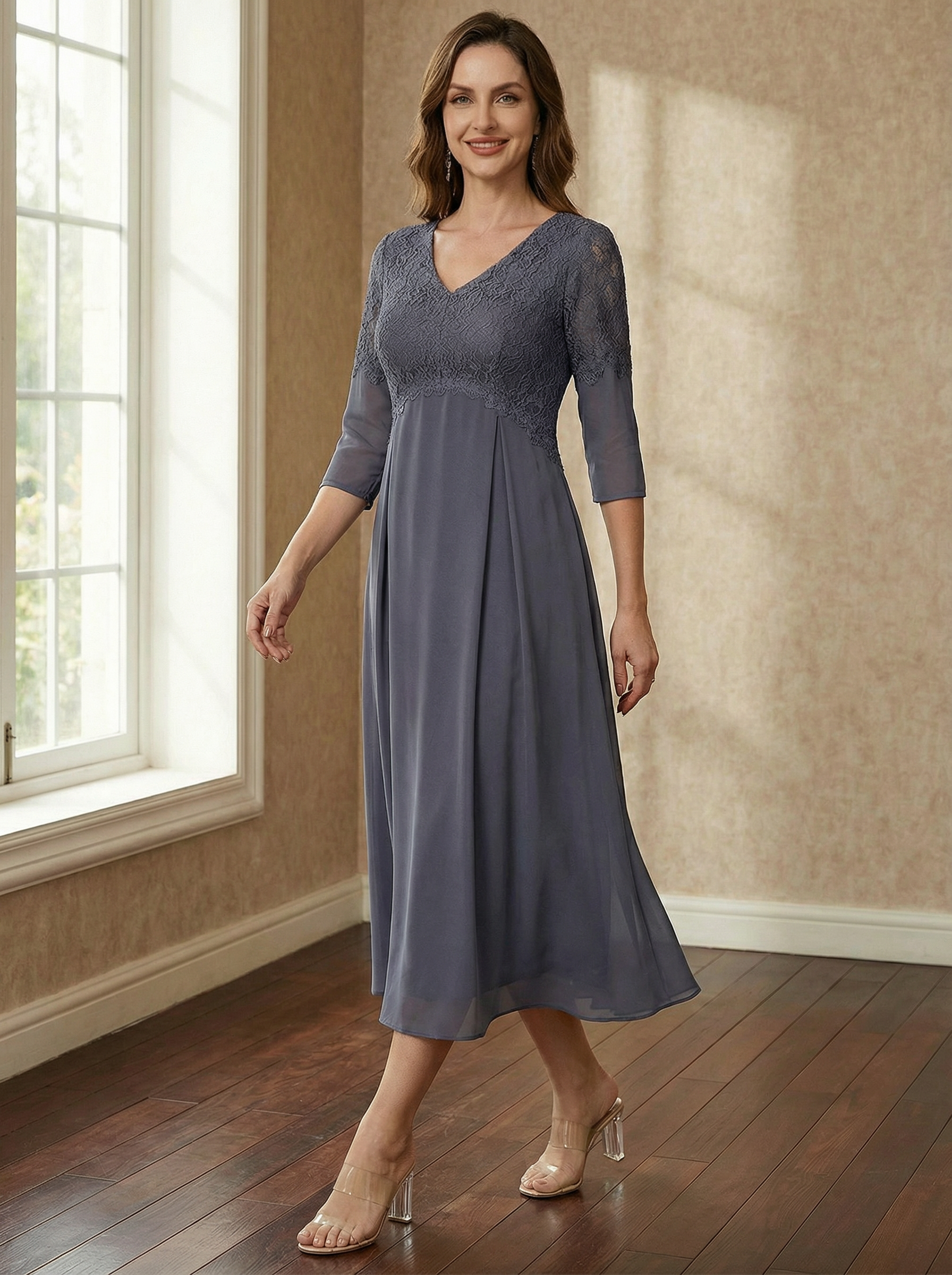 A-line V-Neck Tea-Length Chiffon Lace Mother of the Bride Dress With Beading - VelvetHem