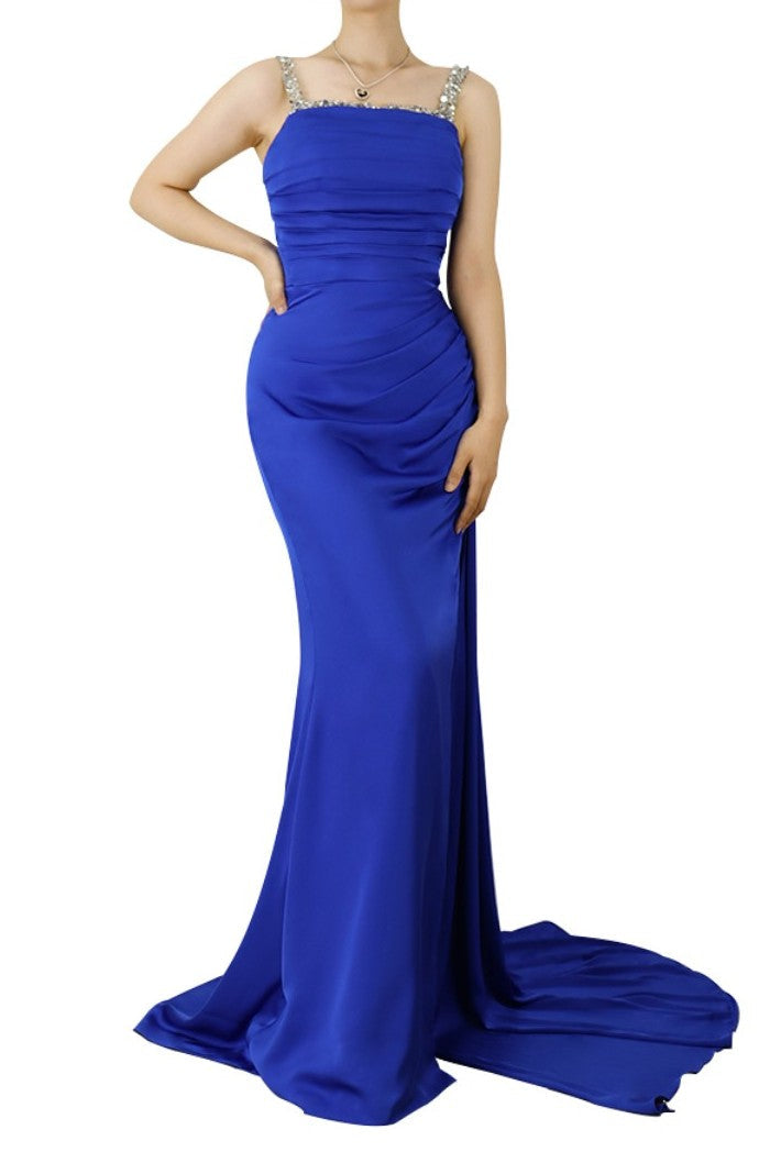 Spaghetti Straps Royal Blue Long Prom Dress with Slit and Pleated - VelvetHem