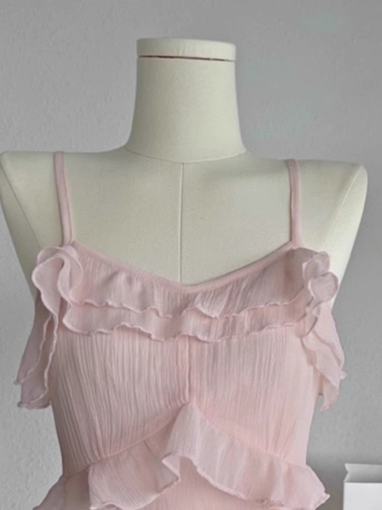 Sexy A Line Straps Ruffled Chiffon Pink Short Women's Holiday Dresses