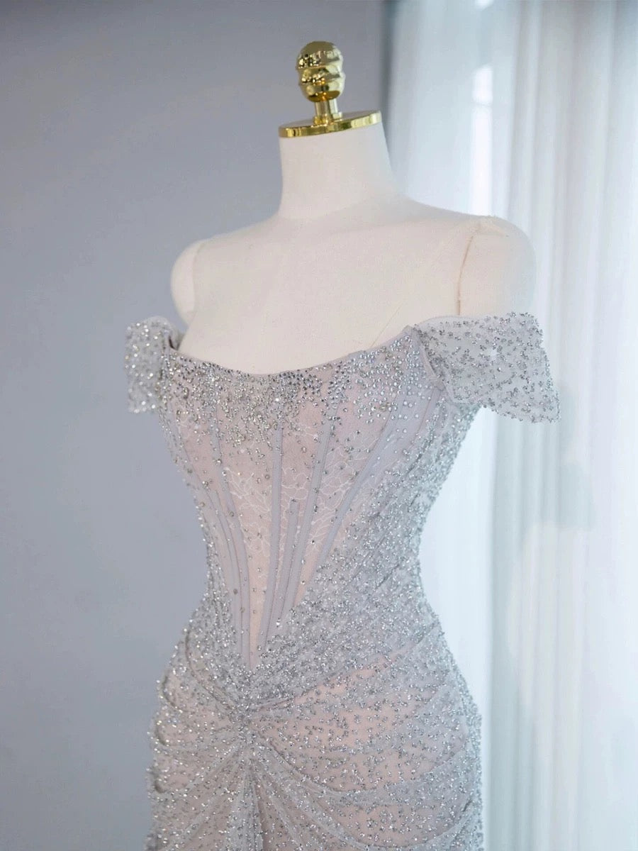Pretty Mermaid Off The Shoulder Sequin Long Evening Dress Prom Dresses With Beads