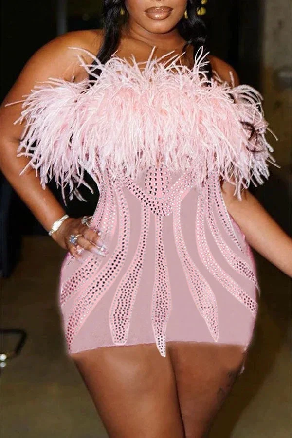 Rhinestone Girly Fluffy Mini Dress Pink Dress Short Homecoming Dress (ZD12531) - VelvetHem