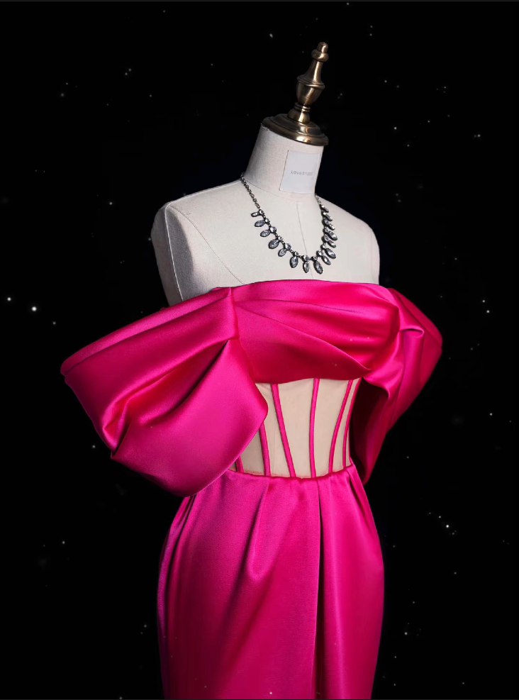 Sexy Mermaid Off The Shoulder Neckline Satin Pink Long Prom Dresses Party Dress - View 4 | VelvetHem