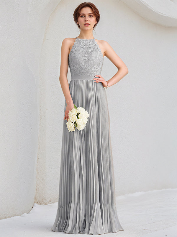 Silver A-Line Scoop Floor-Length Lace Chiffon Dresses With Pleated - VelvetHem