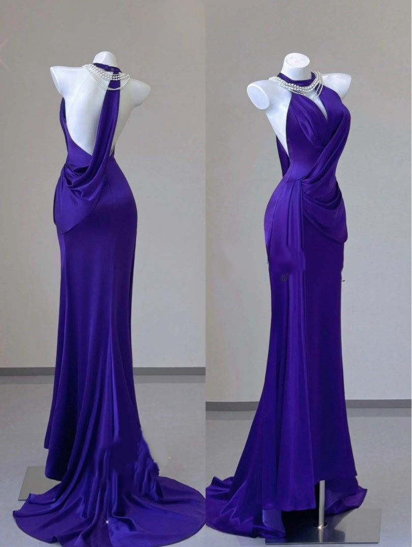 Vintage Sheath Halter Grape Satin Long Prom Dresses Evening Gown Formal Party Dress With Ruffles - View 2 | VelvetHem