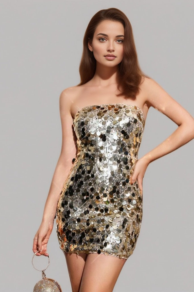 Solid Sequin Strapless High-Waist Bodycon Sequin Dress - VelvetHem