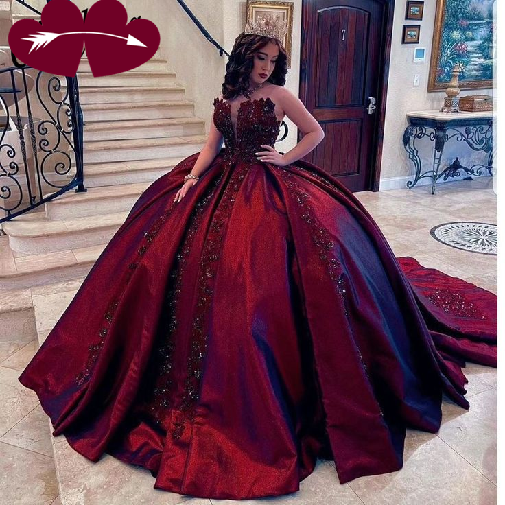 Gorgeous Burgundy Satin Appliques Beaded Quinceanera Dress Vintage Ball Gown - VelvetHem