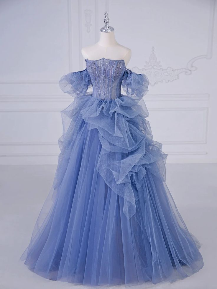 Elegant Blue Tulle Beaded Evening Dress Long Prom Dress - VelvetHem