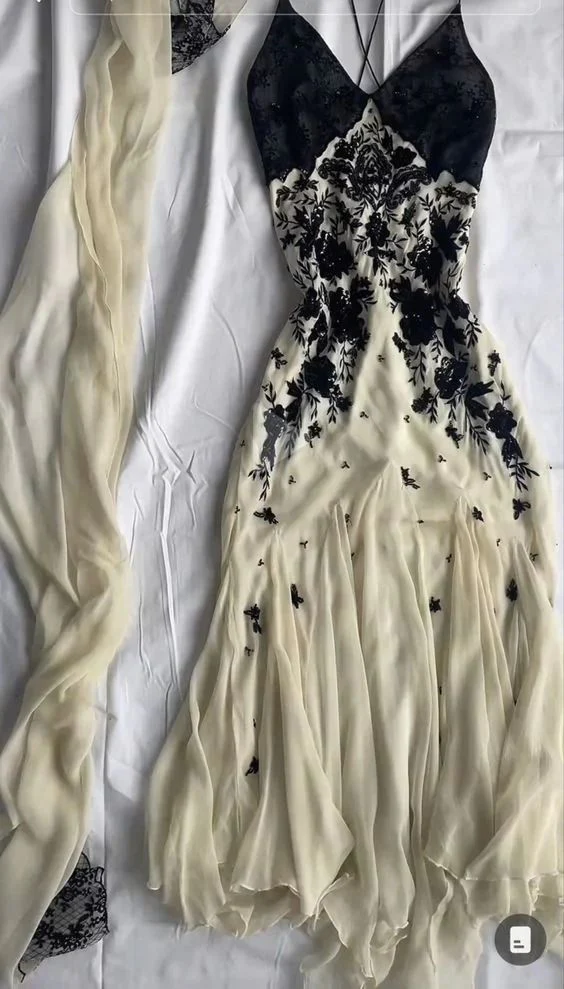 Champagne Spaghetti Straps Chiffon Lace Prom Dress, Long Evening Dress