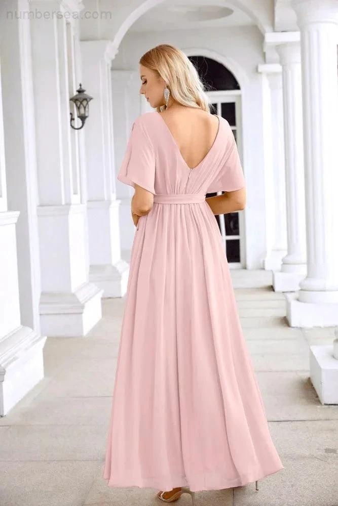 Ladies Chiffon Sleeve Crew Neck Front Slit Floor Length Bridesmaid Evening Dress Wedding Party Evening Dress 28124 (ZD17007)