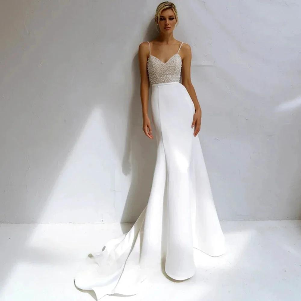 Shinning Sheath Pearl Wedding Dresses Spaghetti Strap Satiin Beads V-Neck For Women Robe De Mari�e Formal Brides Gown (ZD13381) - VelvetHem