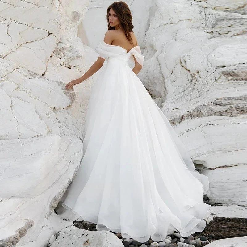 Simple A-Line Bohemian Bridal Dresses Women's Sexy Off Shoulder White Pleated Tulle Beach Formal Prom Party Fashion 2023 Wedding (ZD14139)