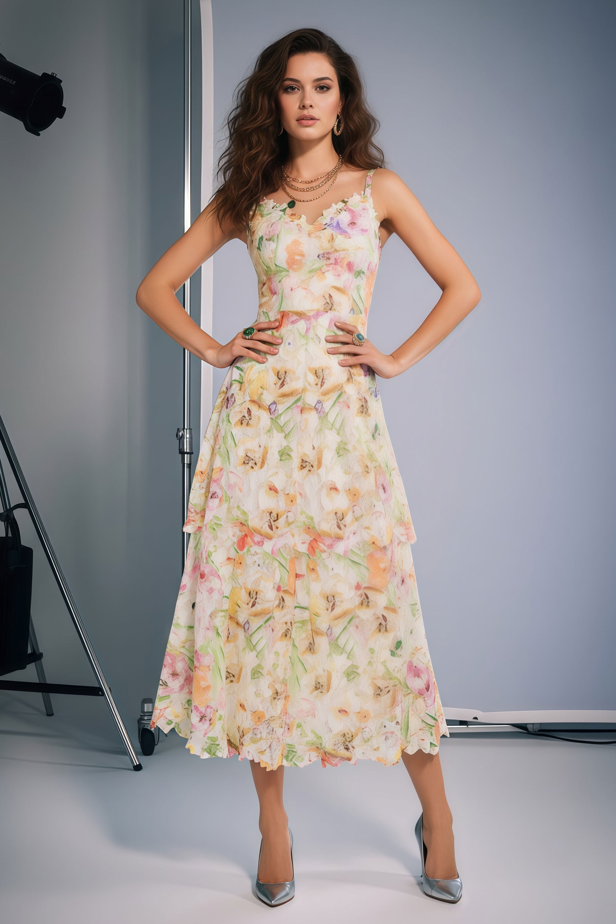 Elegant Floral Lace Camisole Midi Dress with Tiered Skirt