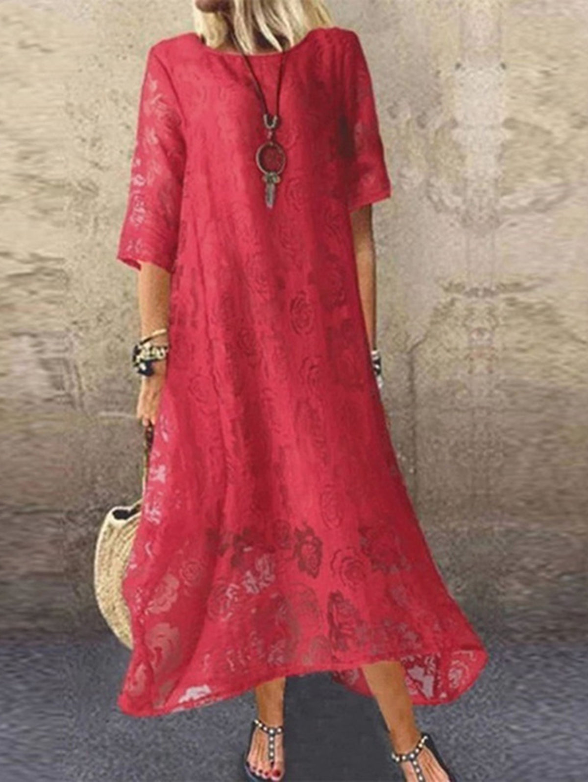 White Crew Neck Lace Splicing Maxi Dress Half Sleeve - Omychic