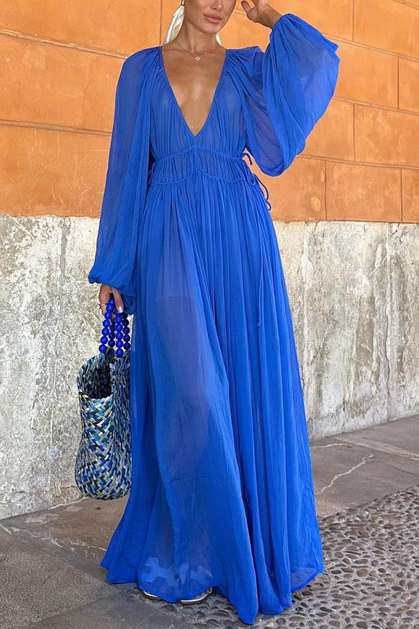 Rita Timeless Blue Gem Chiffon Ruched Waist Maxi Dress Elevated Occasion Wear