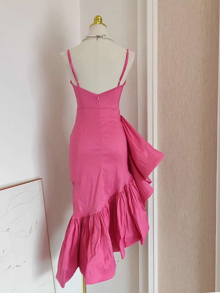 Sexy Sheath Spaghetti Straps Hot Pink Satin Dinner Party Dresses Birthday Outfits - View 2 | VelvetHem