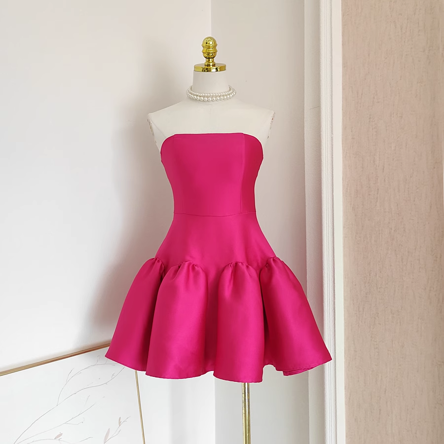 Cheap A line Strapless Hot Pink Satin Short Homecoming Dresses Birthday Outfits - VelvetHem