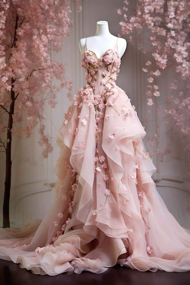 Sweet Pink Tulle Appliques Ball Gown Spaghetti Straps Floral Prom Evening Dress - VelvetHem