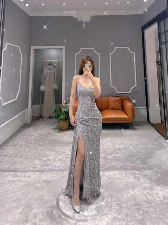 Shiny Sheath Sequin Prom Dress With Split,Glam Dress - VelvetHem