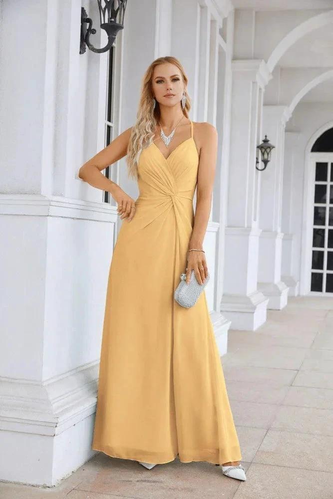Ladies Chiffon Spaghetti Strap V Neck Front Slit Floor Length Bridesmaid Evening Dress Prom Party Wedding Evening Dress 28116 by numbersea