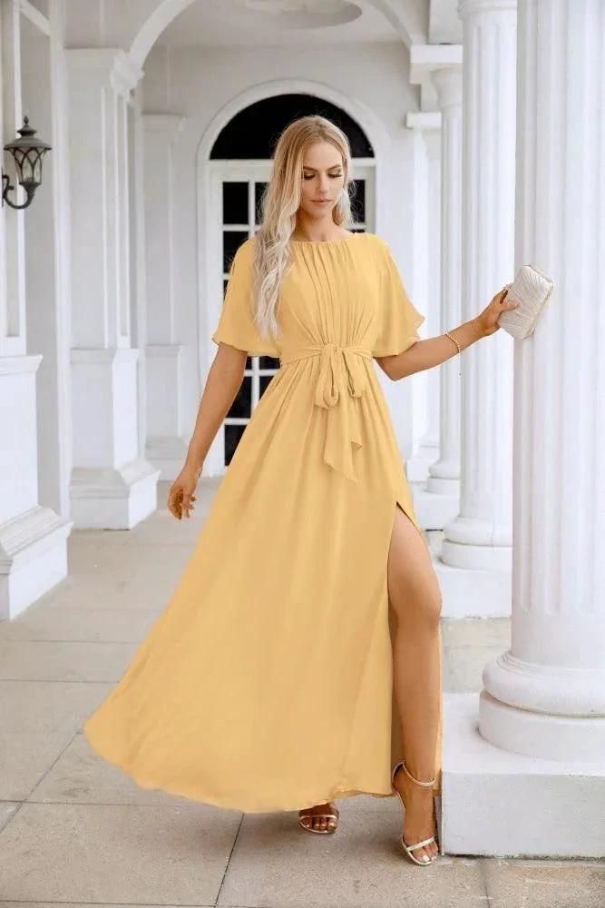 Ladies Chiffon Sleeve Crew Neck Front Slit Floor Length Bridesmaid Evening Dress Wedding Party Evening Dress 28124 by numbersea