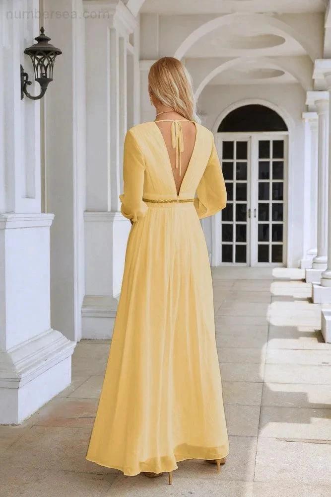 Ladies V Neck Chiffon Long Sleeve Front Slit Bridesmaid Evening Dress Wedding Party Shopping Evening Dress 28109 (ZD16991)