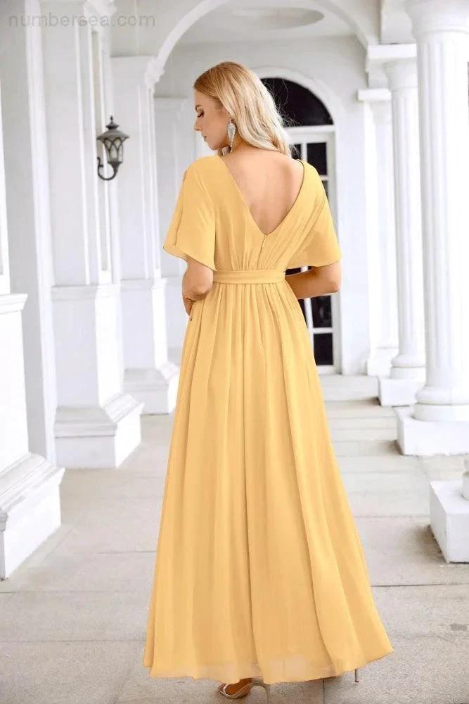 Ladies Chiffon Sleeve Crew Neck Front Slit Floor Length Bridesmaid Evening Dress Wedding Party Evening Dress 28124 (ZD17007)