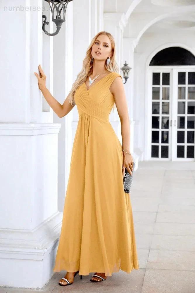 Ladies Chiffon V Neck Sleeveless Floor Length Bridesmaid Evening Dress Wedding Party Evening Dress 28126 (ZD16989)