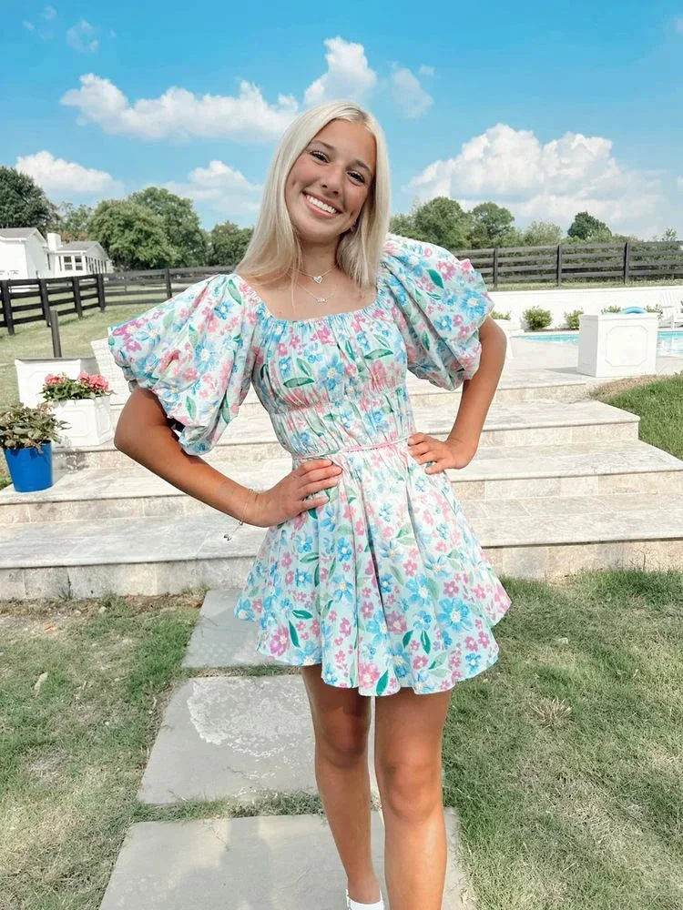 Puff Sleeve Floral Dress Chic Floral Homecoming Dress Y2753 by simplepromdress