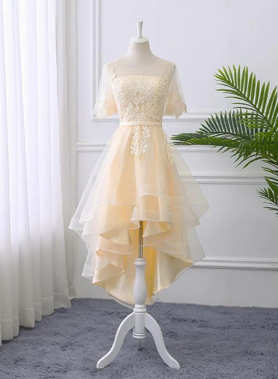 Adorable Light Champagne High Low Party Dress with Lace Applique, Short Homecoming Dress - VelvetHem