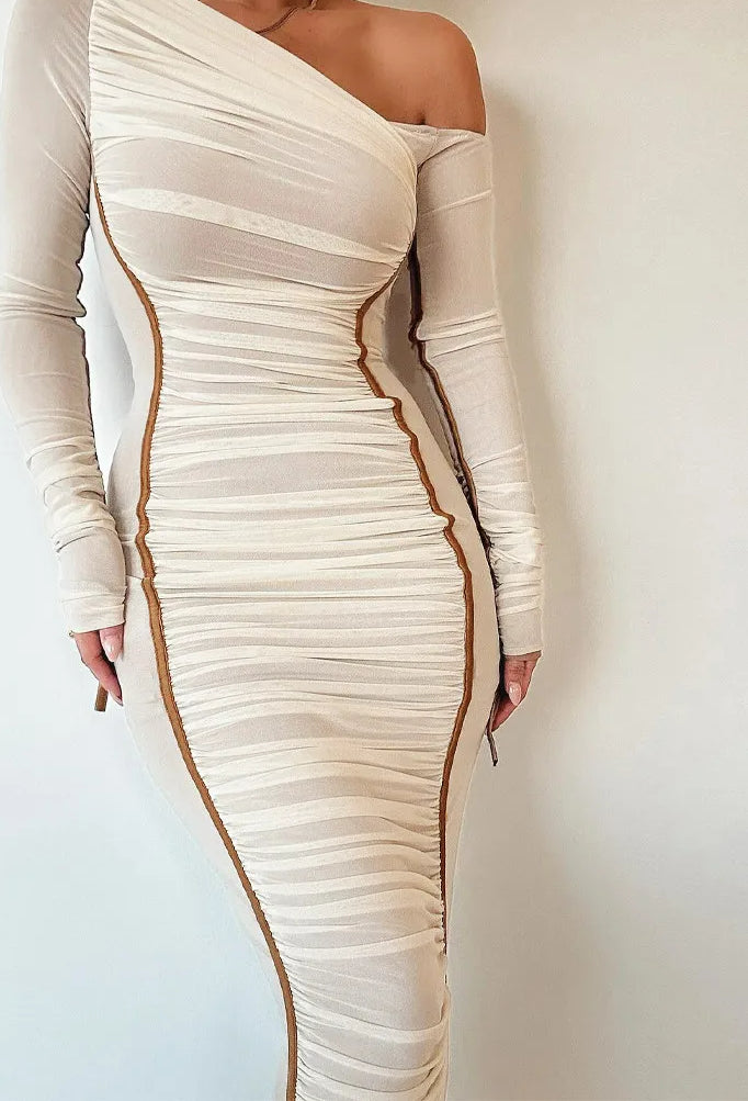 Diagonal Collar Draped Mesh Maxi Dress - VelvetHem